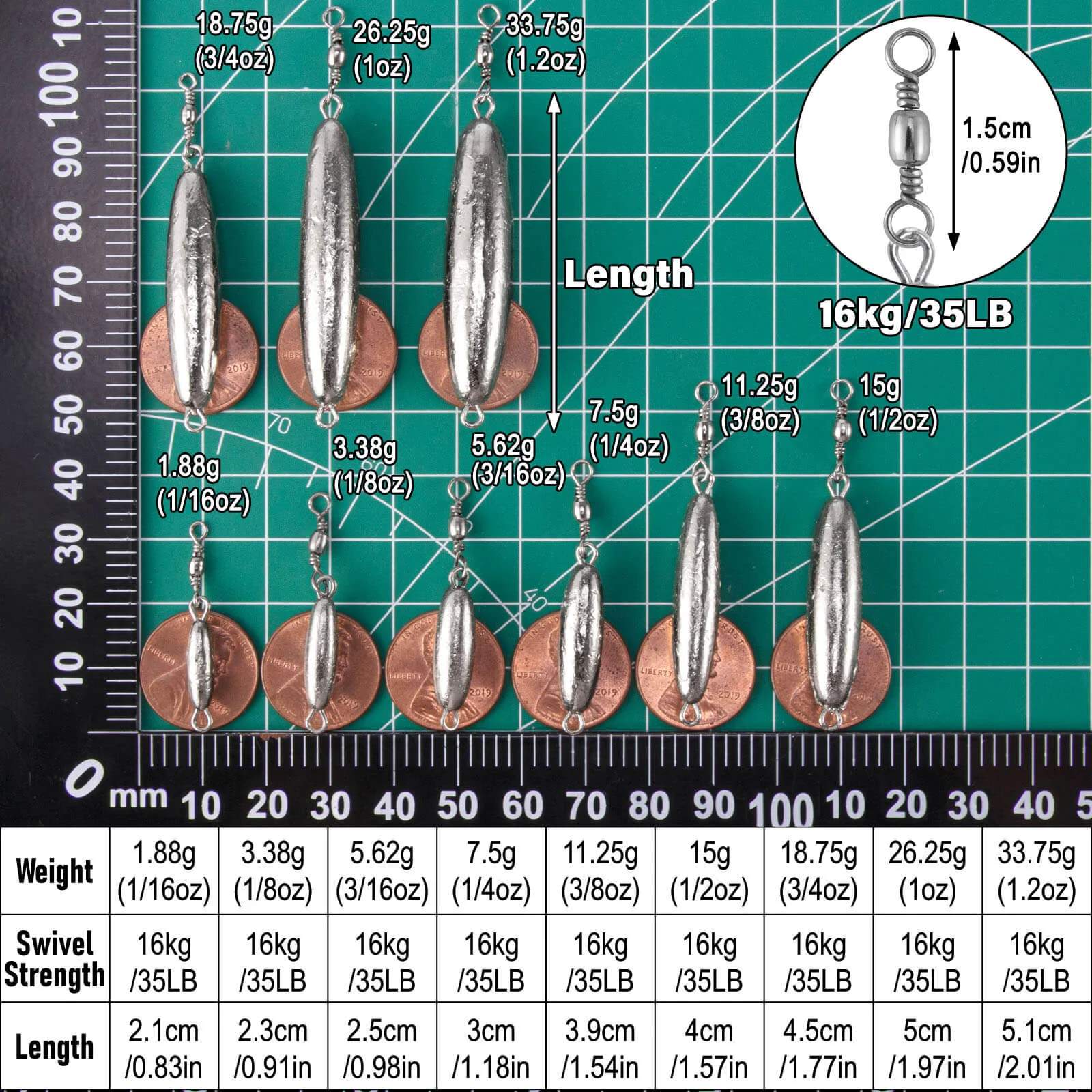 Dr.Fish 10pcs Trolling Sinkers with Swivel 1/16oz-1.2oz - Image 2