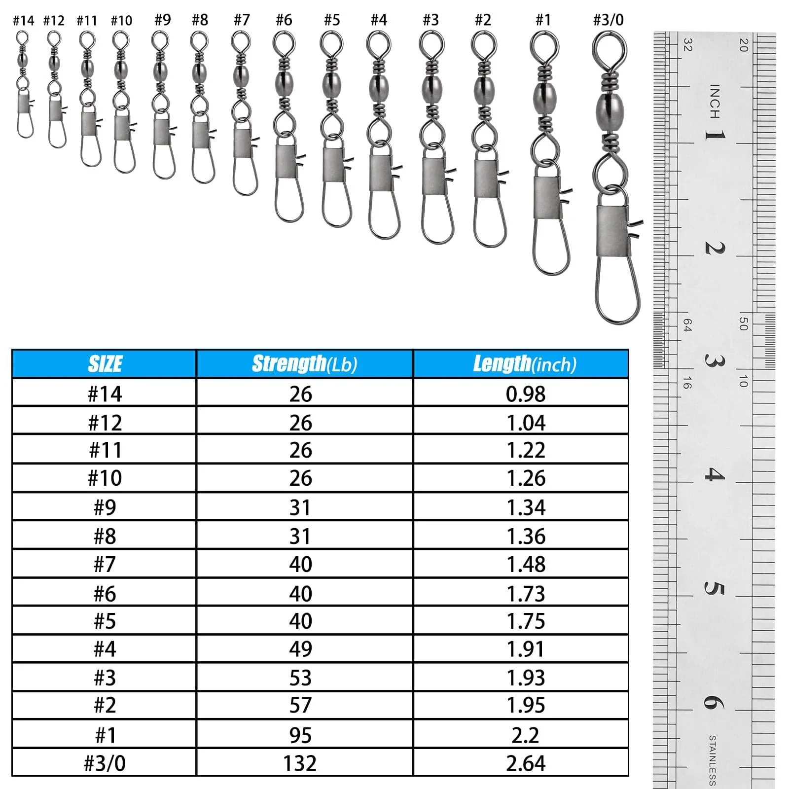 Dr.Fish 50pcs Barrel Swivel with Interlock Snap 26-132lb - Image 7