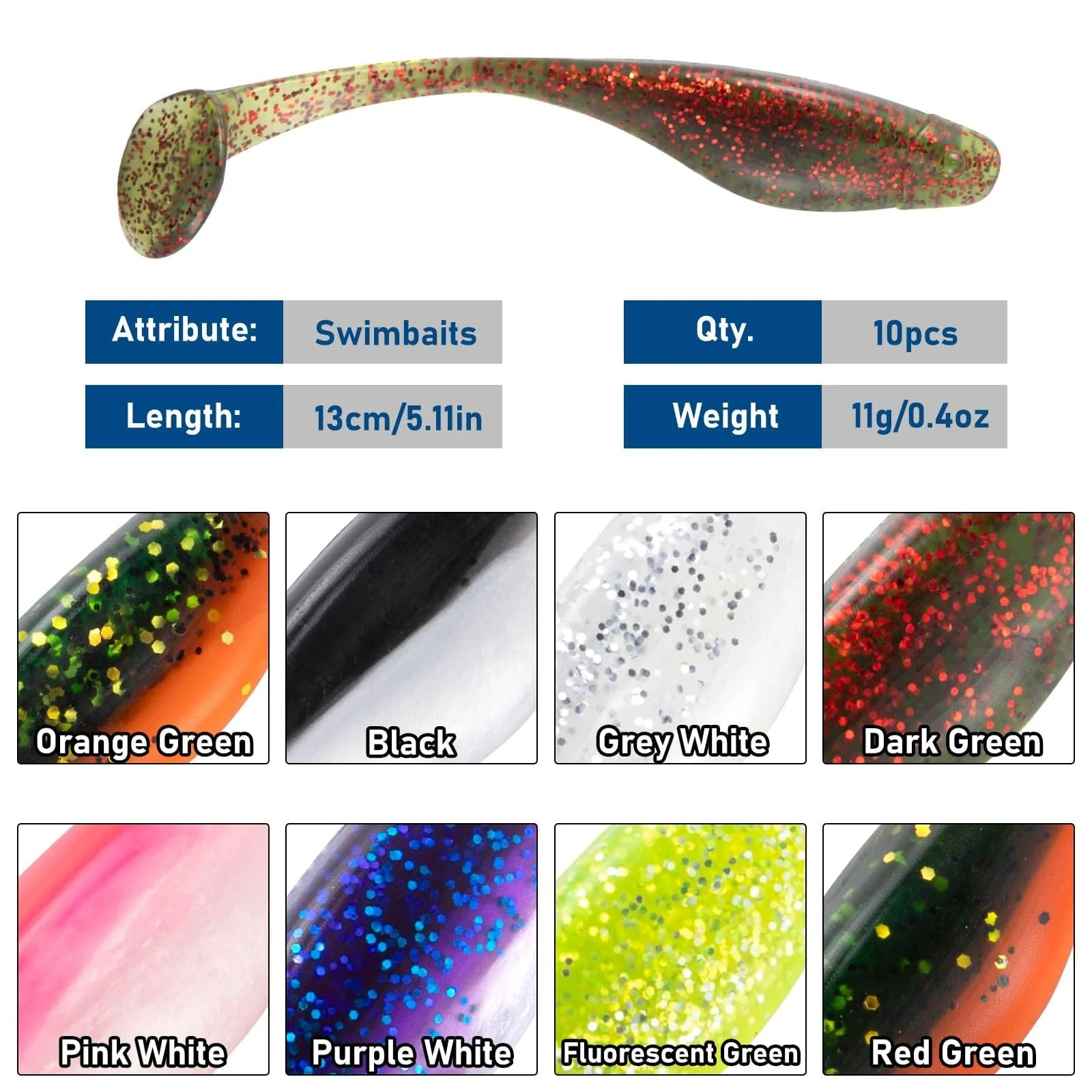 Dr.Fish 10pcs 8 Colors Flashing Glitter soft Baits 5.11'' 4oz - Image 6