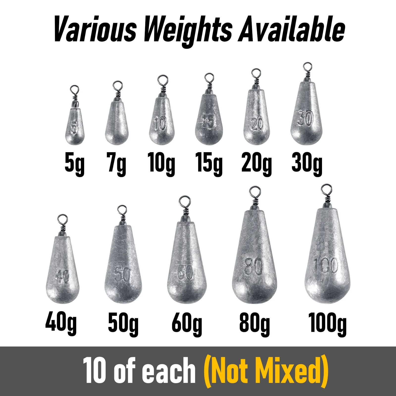 Dr.Fish 10pcs Fishing Pear Weight Sets 5g-100g - Image 6