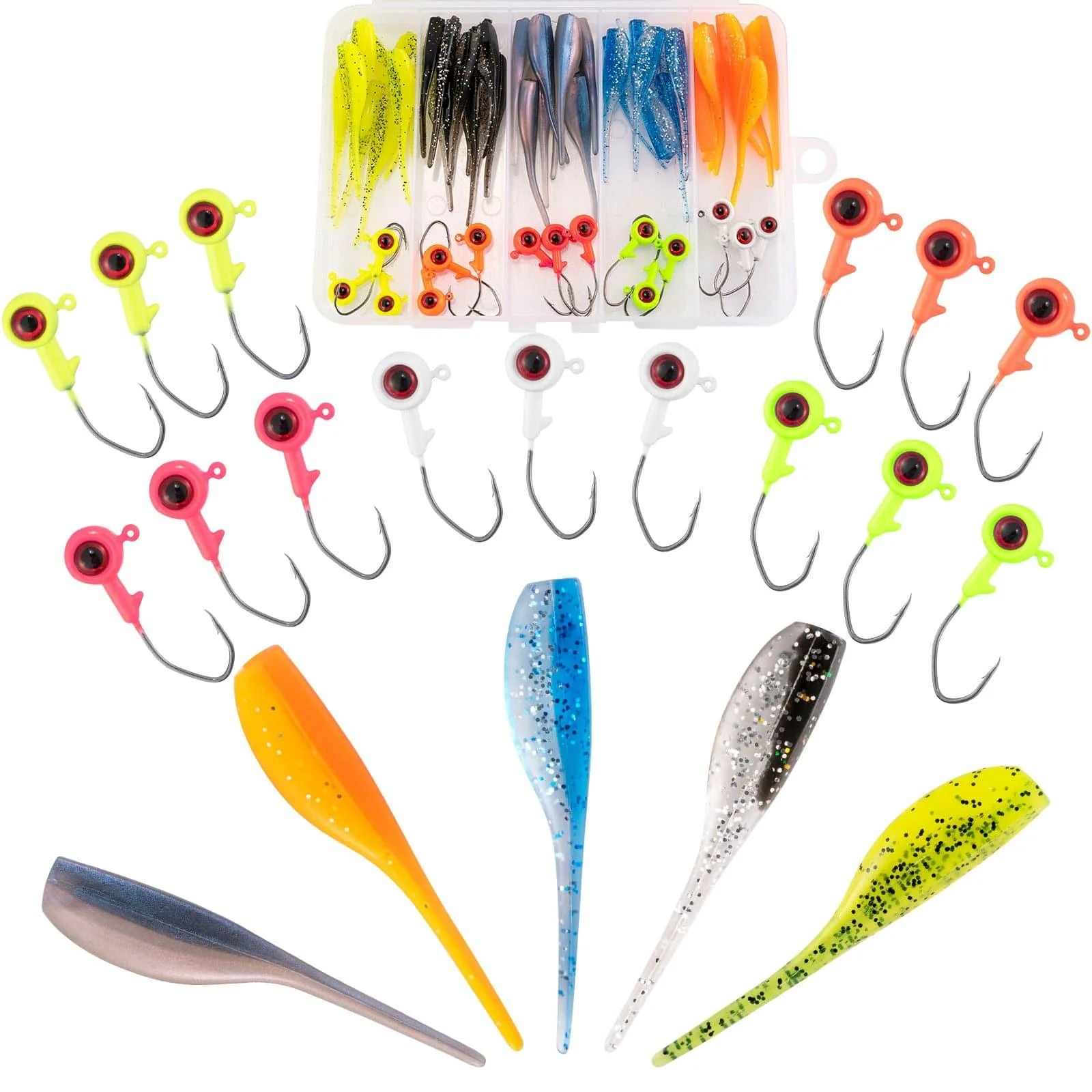 Dr.Fish 55pcs Crappie Lures Kit (5pcs jigs+40pcs Shad Baits)
