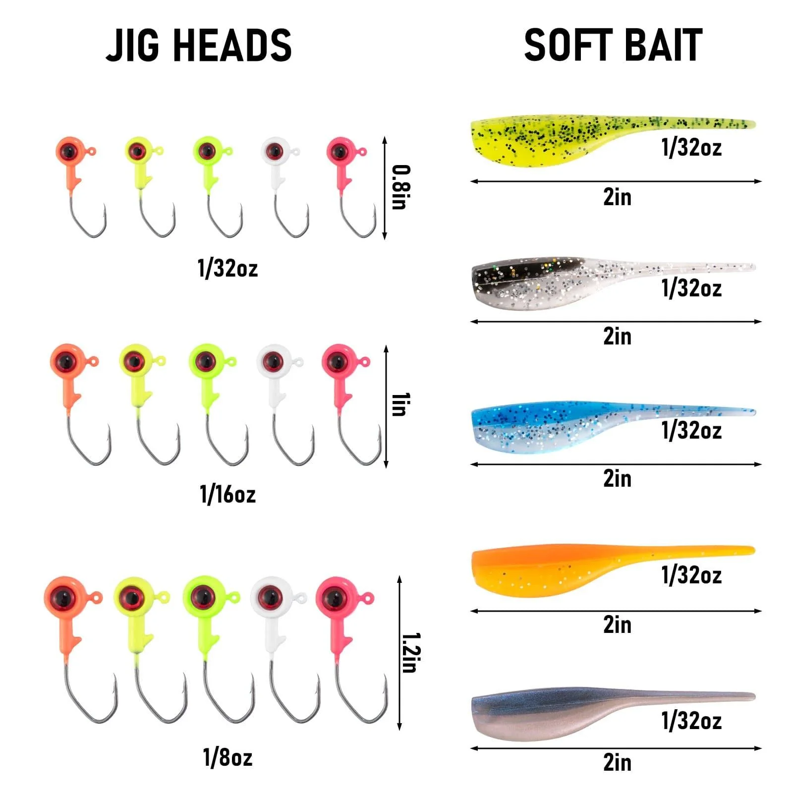 Dr.Fish 55pcs Crappie Lures Kit (5pcs jigs+40pcs Shad Baits) - Image 2
